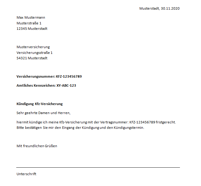 Musterkündigung Kfz Musterkündigung Kfz